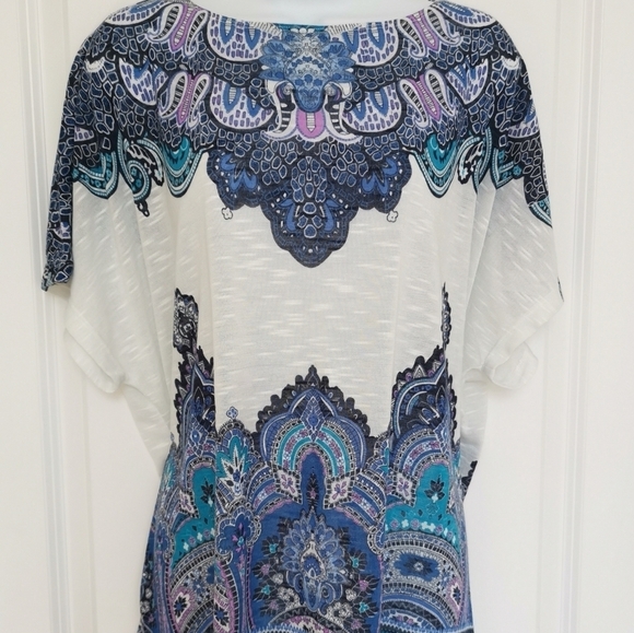 CACHE kimono top dolman sleeves blue Paisley on white size 2X - Picture 7 of 10